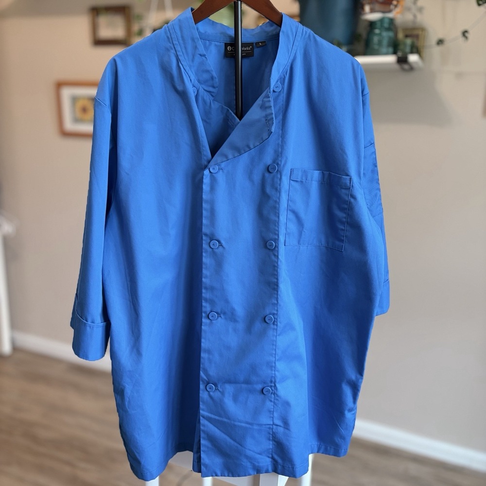 Double Breasted Chef Works Blue Short Sleeve Chef Coat with Button Closure 3XL